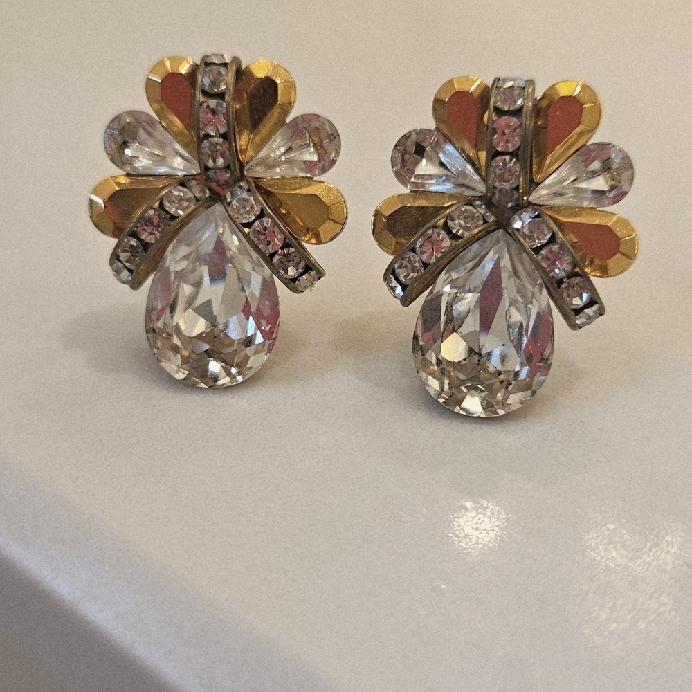 80s Vintage Gold and Silver Crystal Clip On Earrings